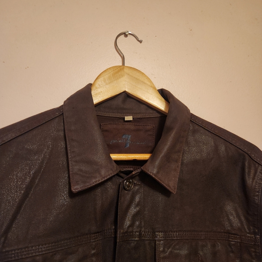 7 For All Mankind Brown Classic Coated Waxed Denim Trucker Jacket Size M NWOT - Picture 3 of 9